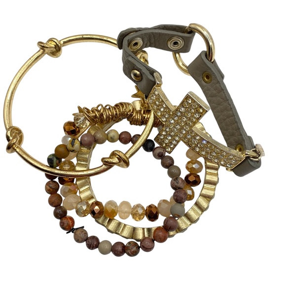 Bracelets Bundle Of 5 Gold Tone Rhinestone Cross Bangle Stretch Boho Style - Picture 5 of 7